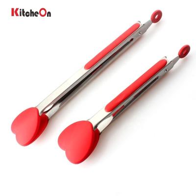 China Durable Silicone Heart Shape Tips Stainless Steel Kitchen Tongs Set of 2 for sale