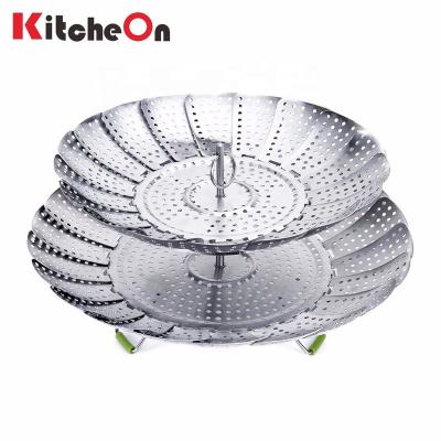 China Sustainable Collapsible 2 Tier Stainless Steel Vegetable Steamer Basket With Foldable Feet for sale