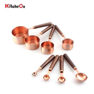 China Sustainable 8 Piece Vintage Bronze Antique Copper Plated Measuring Cups And Spoons Set With Walnut Wood Handle for sale