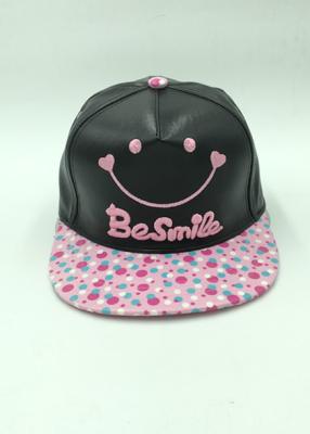 China Summer Peaked Flat Black Floral Snapback Cap Smile Dot Pattern Leather for sale