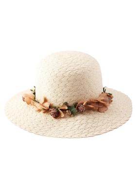 China Summer Flower Wide Brim Straw Hats For Women , Khaki Floppy Beach Hat for sale