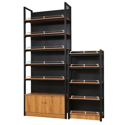 China Single/double sided white black steel wooden combined retail shelf display rack for store convenient mart shop grocery home for sale