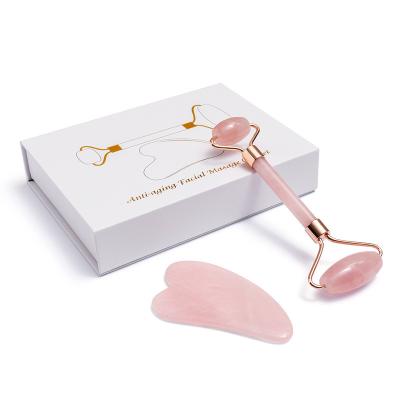 China V Shape Rose Quartz Facial Massage Tools in Gift Box Jade GuaSha Roller Stone Set for sale