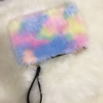 China Fashion unicorn color bag clutch large capacity one-shoulder chain messenger cute fluffy faux fur handbag for sale