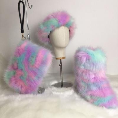 China Winter Lightweight Hairy Women Snow Boots Bag Headband Plush Luxury Colorful Faux Fox Fur Warm Boots for sale