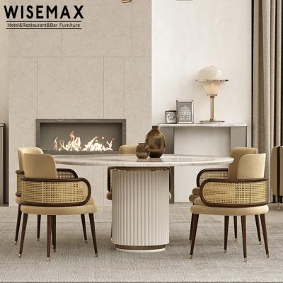 China Elegant Design Rattan-Decor Chair Single Seat Velvet Armchair Wooden Legs Dining Room Rattan Furniture and WISEMAX WOOD FURNITURE for sale