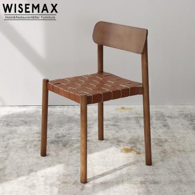 China WISEMAX FURNITURE Retro Style Patio Furniture Woven Rope Leather Rattan Wooden Dining Chair for sale