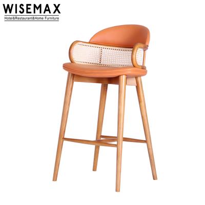 China Nordic Modern Wooden Commercial Bar Furniture Restaurant High Leg Stools Rattan Bar Chair WISEMAX for sale