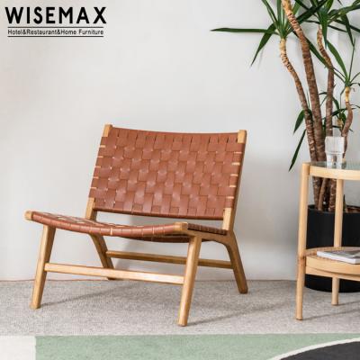 China WISEMAX Wooden Leisure Armchair Nordic Ash Wood Frame Woven Woven Upholstery Leather Lounge Chair for sale