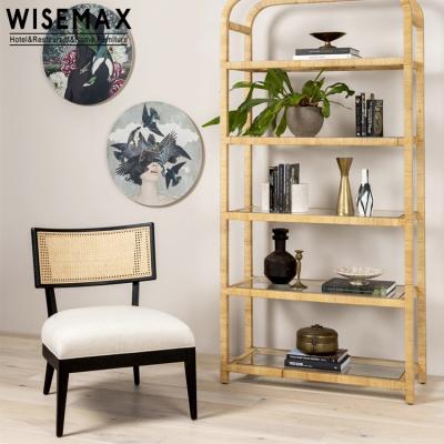 China WISEMAX FURNITURE classic and modern simple living room sofa wooden rattan backrest fabric leisure chair for sale