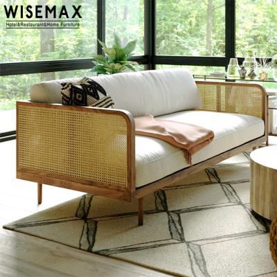 China Nordic WISEMAX FURNITURE Single Wood Frame Garden Chair Rattan Weaving Three Seat Sofa Set For Living Room for sale