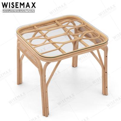 China WISEMAX MEUBLES du rattan dining room furniture platner rattan table with decor transparent glass top dining table for sale