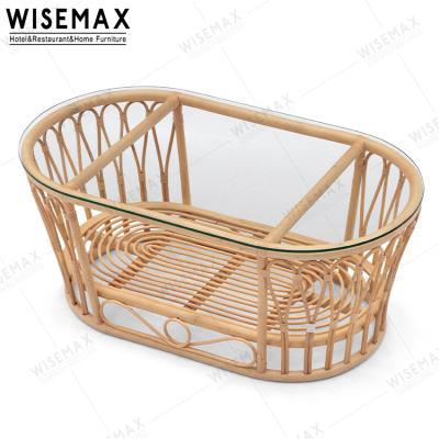 China WISEMAX FURNITURE Flower Design Cavity Wicker Rattan Table Set With Center Clear Glass Top Living Room Wicker Coffee Table for sale