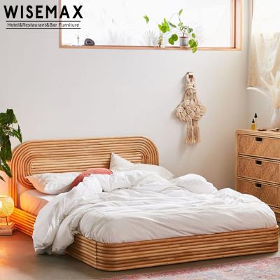 China WISEMAX Rattan Furniture Full Artistic Hotel Furniture Bedroom Design Rattan Bed With Double Headboard Bed for sale