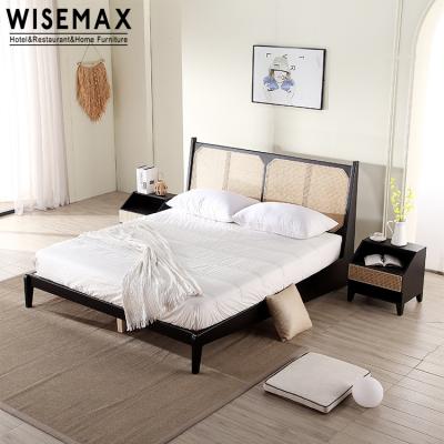 China WISEMAX Nordic Hot Selling Import Rattan Bedroom Furniture Modern Large Size Bed Wooden Frame Bed for sale