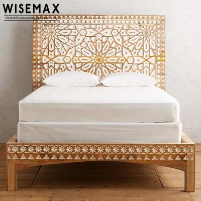 China WISEMAX Furniture Classic and Modern Spanish Style Bedroom Furniture Solid Wood Frame Flower Curving Design French Style Headboard Beds Tops for sale