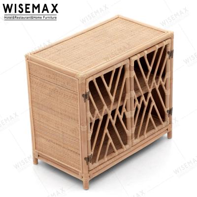 China WISEMAX MEUBLES Artistic Solid Wood Rattan Cabinet With Two Shelves Apartment Living Room Decorative Storage Cabinet for sale