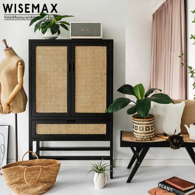 China WISEMAX Nordic country style cabinet rattan wardrobe bedroom living room wood wardrobe for sale