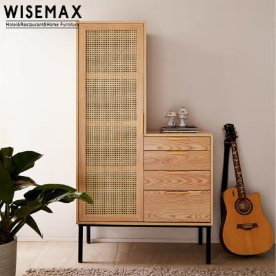 China WISEMAX FURNITURE High Leg Cabinet Design Nordic Modern Contemporary Rattan Wood Frame Wicker Cabinet for sale