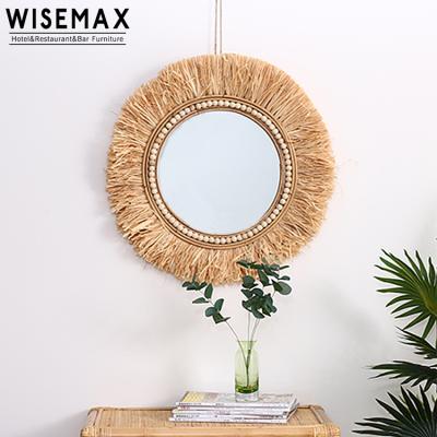 China WISEMAX FURNITURE Classic and Modern Stylish Solid Wood Pans Decorative Wall Hanging Rattan Round Mirror for sale