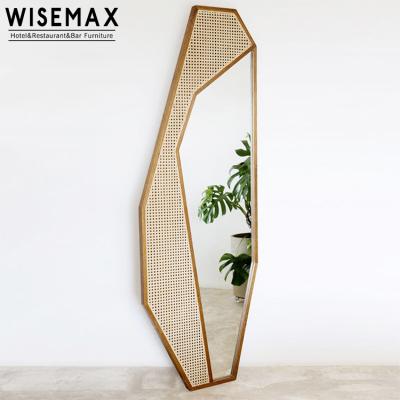 China Nordic Factory Hot Selling WISEMAX FURNITURE Full Mirror Living Room Rattan Wicker Mirror With Wood Decoration for sale