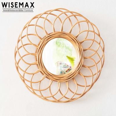 China WISEMAX FURNITURE Classic and Modern Round Flower Shape Mirror Luxury Design Decorate Rattan Mirror with Natural Color for sale