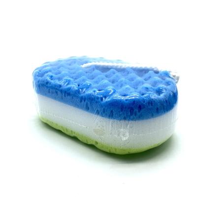 China Promotional Colorful Soft Plastic Sliver Handle Cheap Bath Pouf Bloating Sponge for sale