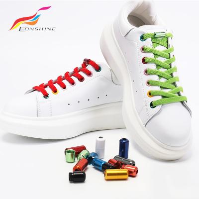 China Flat Colorful Elastic Laces No Tie Aluminum Metal Capsule Pill Buckle Lace Button for sale