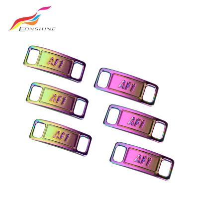 China Iridescent Metal Rainbow Color 29*11Sneaker Lace Clog Charm 2pcs Sneaker Charms Tag Wholesale for sale