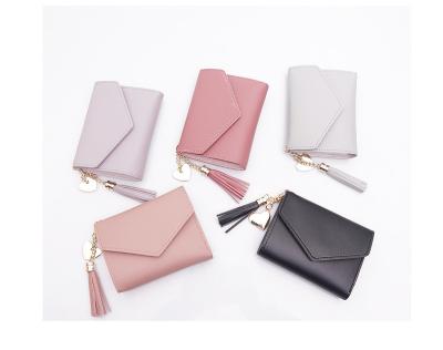 China Hot Sale Anti-theft Solid Color Woman Card Holder Wallet Folded Fashion Tassel Decorate Latch Wallet for sale