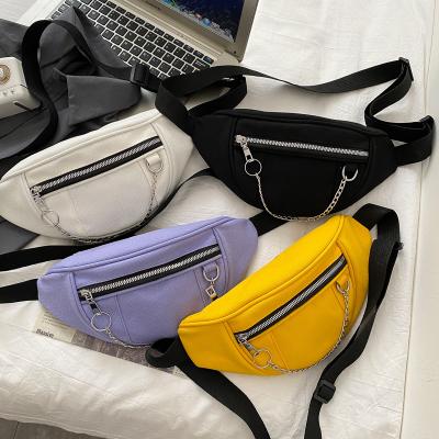 China New Design Anti-theft Women Waist Bag Solid Color Canvas Fanny Pack Fashion Travel Chest Chain Bag for sale