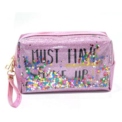 China Fashion Letter Printing Laser Cosmetic Bag Sequin Splicing PVC Quicksand Cosmetic Bag for sale