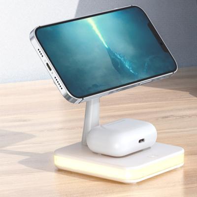 China Promotional Mobile Phone 3 in 1 Mutifunction Custom Magnet Led Lamp Mobile Phone Chargers Stand Qi Magneitc Charging Wireless Charger for sale