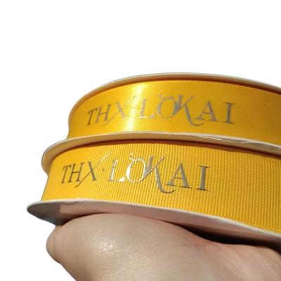 China Customized high quality metallic factory brand ribbons 3d gold foil printed satin grosgrain custom gift ribbon with logo for sale