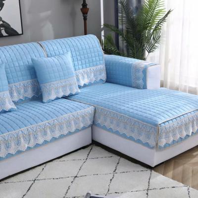 China Plain Europe Style Jacquard Lace Blue Sectional Sofa Cover Cloth Corner Sofa Cover Couch for sale