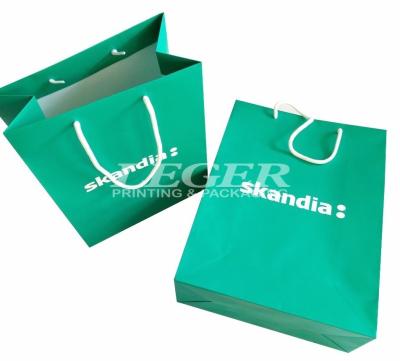 China Green Paper Bags With White Cotton Handles , Commercial Promotional Shopping Bags for sale