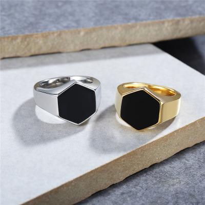 China Punk Mens Plain Black Enamel Seal Pinky Women Hexagon Biker Band Classic Stainless Steel Simple Ring for sale