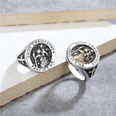 China Retro Vintage Religious Saint Christopher Protect Us Cross Religious Seal Stainless Steel Catholic Round Ring for sale