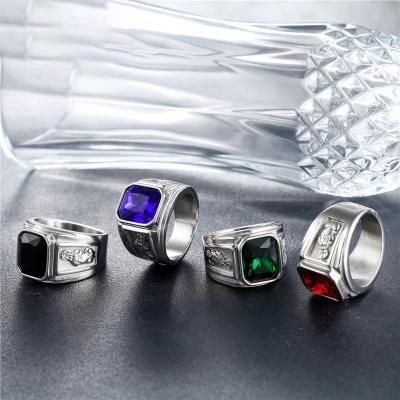 China Crystal Gemstone Men Stainless Steel Blue White Red Red Engagement Ring Wholesale Punk Retro Vintage 316l Punk for sale