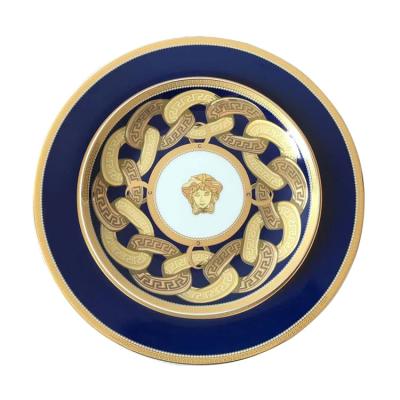 China Ceramic Modern Design Contemporary Economic Blue Porcelain Dish With Gold Rim Dishes Dinnerware Sets for sale