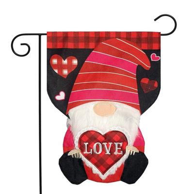 China Health Care Institute Double Sided Outdoor Home Accessories Custom Valentine's Day Love Gnome Burlap Sculpted Garden Flags Sublimation Yard Decoration for sale