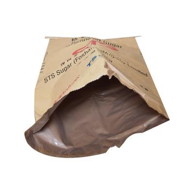 China Recyclable Goods 25kg Stain Two Layer Brown Paper Bags With PE Bag Inner Flat Mouth Square Bottom Paper Bag for sale