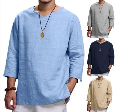 China Newest Design Hot Selling QUICK DRY Long Sleeve V-Neck Cotton Shirt Men Cotton And Canvas Loose Shirt for sale