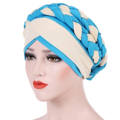 China Two Tone Color Block Muslim Hand Braided Head Durag Muslim Women Head Accessories Hair Cap Turban for sale