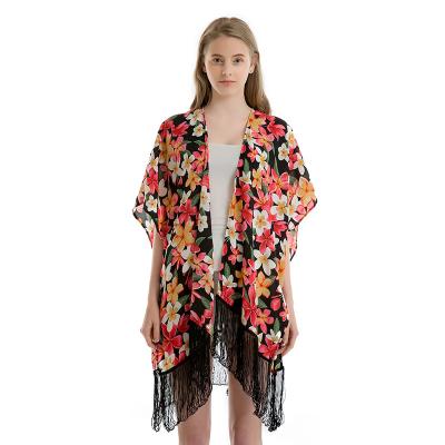 China Summer Breathable Warm Beach Casual Loose Floral Print Top, Women Kimono Beach Wear With Tassel for sale