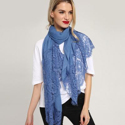 China New Soft Polyester Solid Lace Scarf Hijab Fashion Scarf Shawl For Women Head Scarf for sale