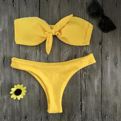 China 2020 Anti-UV Best Selling Women's Fashion Beach Wear Swimwear Bow Tie Upper Lady Two Piece Tube Solid Color Bikini Swimwear for sale