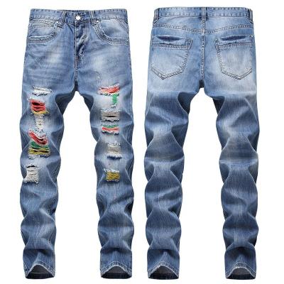 China MJ113 High Street Fashion Men's Breathable Jeans Colorful Chat Printed Destroyed Jeans Men's Personal Hip Hop Jeans Designer for sale