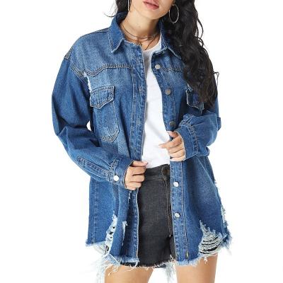 China WH021 lady lattice jacket women's destroyed sleeve windproof denim jacket long outwear oversized single coat denim jacket for women for sale