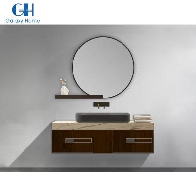 China Modern Hot Selling Walnut Grain Bathroom Wooden Vanity With LED Round Mirror for sale